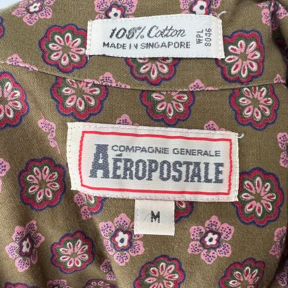 VINTAGE Aeropostale Brown Floral Print Short Sleeve Button Down Cotton Top Sz M - Picture 5 of 5